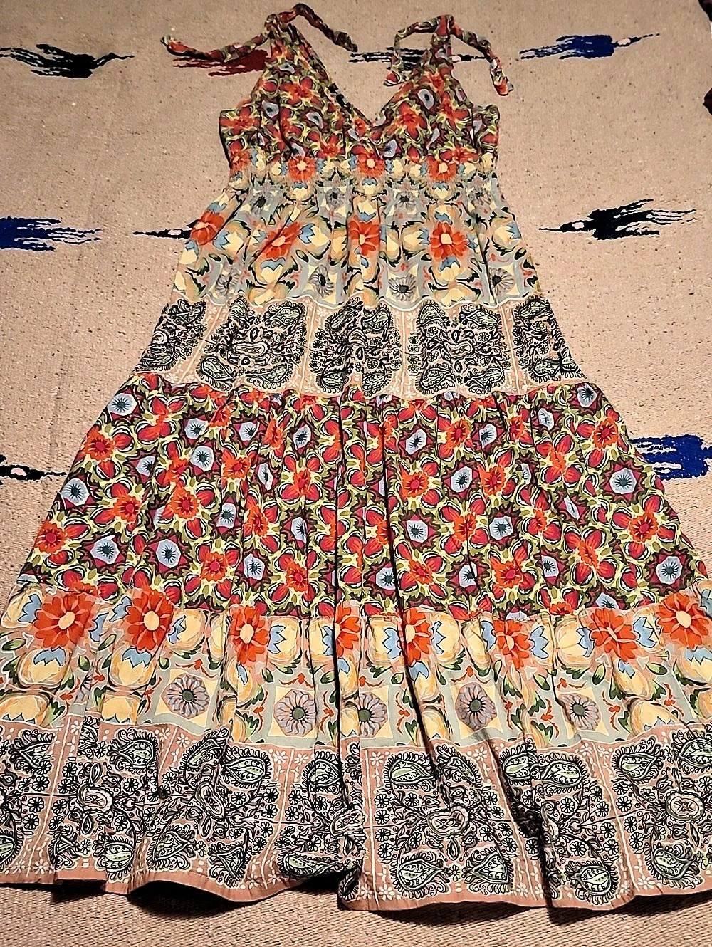 Angie Womens Cotton Boho Cottagecore Maxi Multicolor Floral and Paisley Dress